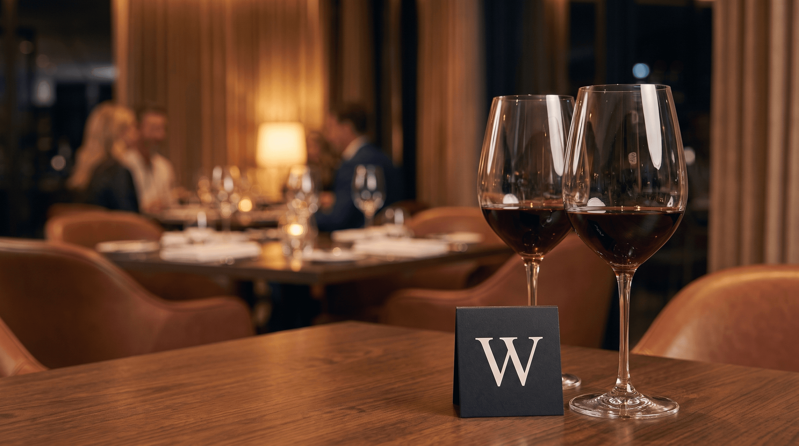 Dos copas de vino tinto sobre una mesa de madera en un restaurante con luz cálida, con comensales de fondo